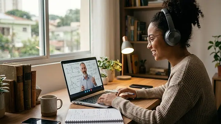 Jovem em aula online, com o professor na tela do notebook